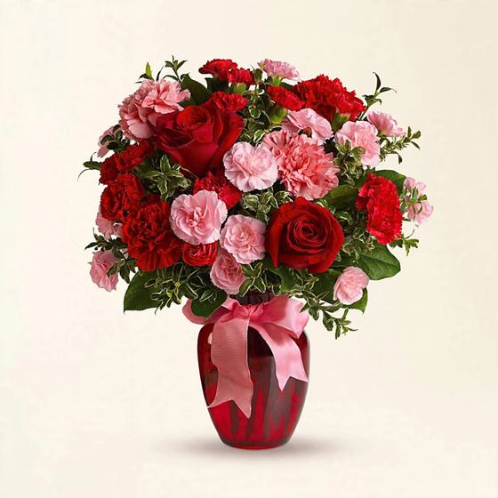 Red roses and pink and red carnations in a red vase with a pink bow