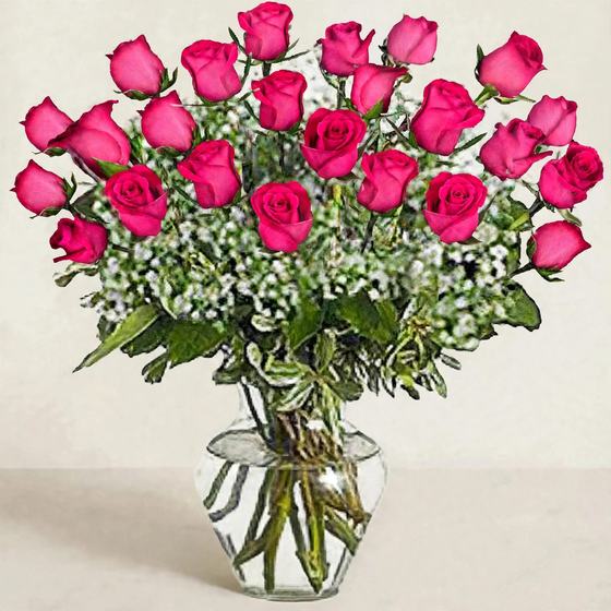 Two dozen hot pink roses with baby's breath and fresh greenery in a clear glass vase on a cream background