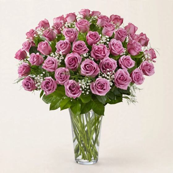 Fifty violet roses with baby's breath in a clear glass vase on a cream background