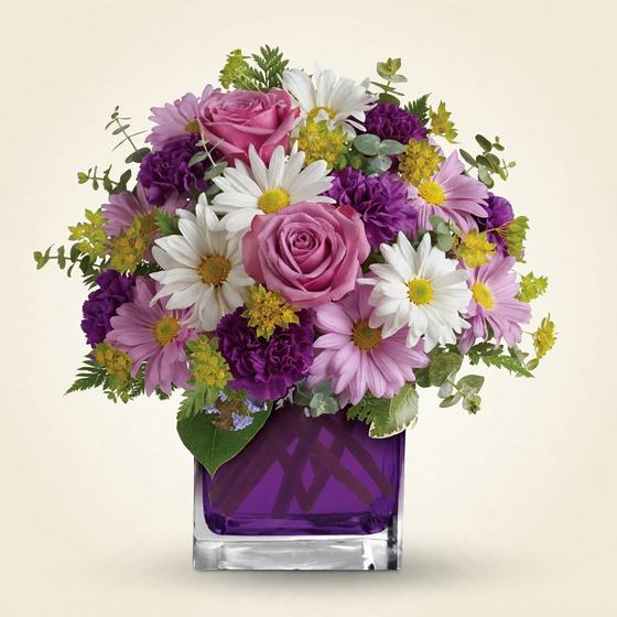 Violet Dreams Bouquet with purple roses, white daisies and yellow accents on a cream background