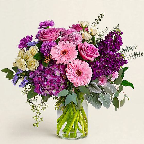 Violet Garden Bouquet with pink gerbera daisies, pink roses and purple hydrangea on a cream background
