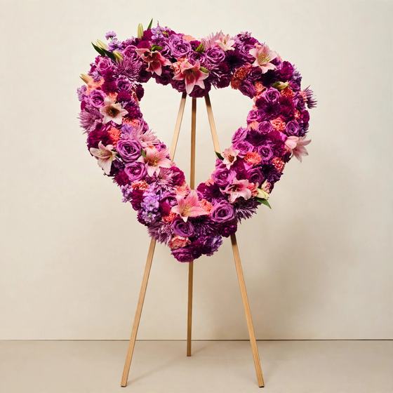 Violet Heart Wreath with purple daisies and lavender blooms on a cream background