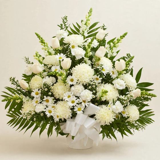 White Haven standing spray with white daisies, chrysanthemums, roses, stock and a white bow on a cream background
