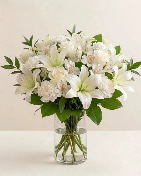 White lilies, roses, carnations and alstroemeria arranged in a clear glass vase