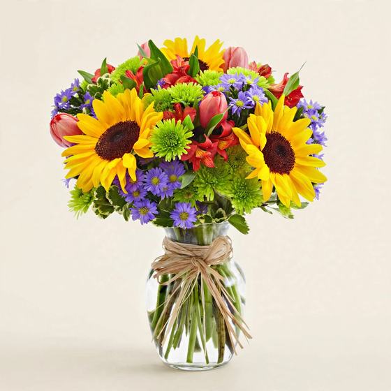 Sunflowers, purple asters, green mums and red alstroemeria