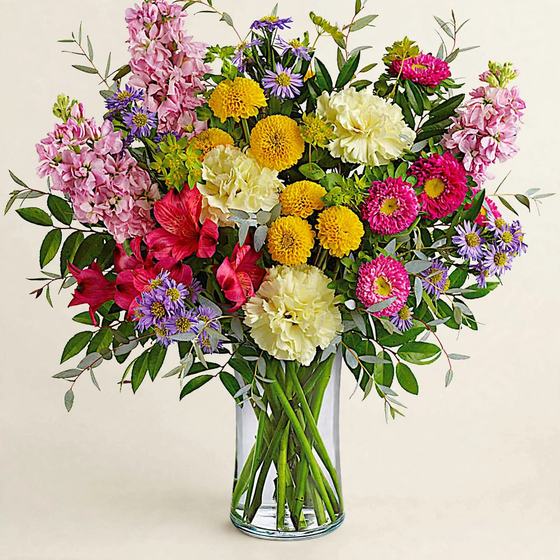 Colorful wildflower mix with pink stock, yellow billy balls, carnations, purple asters and red alstroemeria